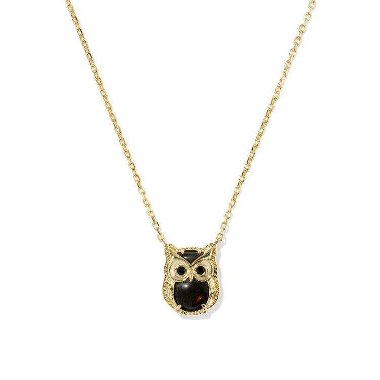 Gold short pendant necklace featuring a gold sheen obsidian owl with intricate metalwork.