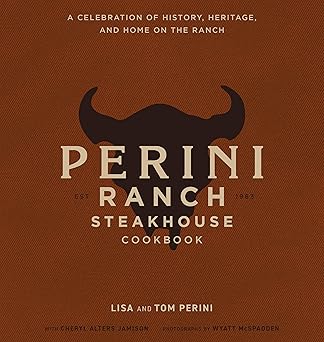 Perini Ranch Steakhouse Cookbook featuring a bull skull logo on a textured brown cover.