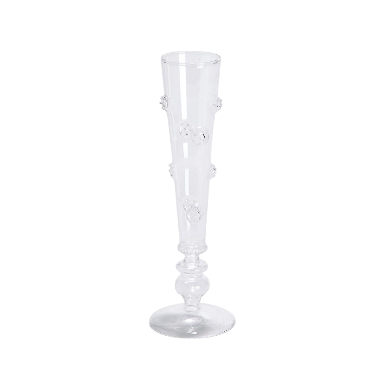 Hand-blown clear glass champagne flute with decorative textured bumps and a tiered stem.