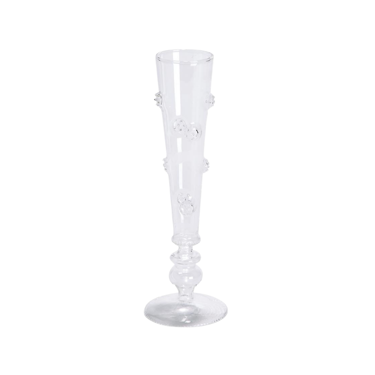 Hand-blown clear glass champagne flute with decorative textured bumps and a tiered stem.