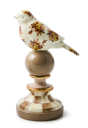 Mocha Wild Rose Bird Topiary featuring a floral-patterned bird on a checkered pedestal base.