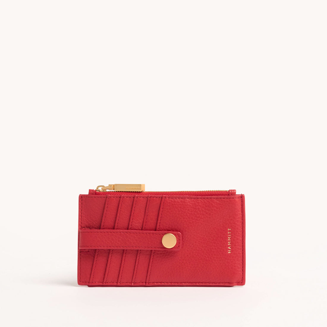 Poppy red leather cardholder with credit card slots, snap closure, zipper top handle, and zippered coin pocket.