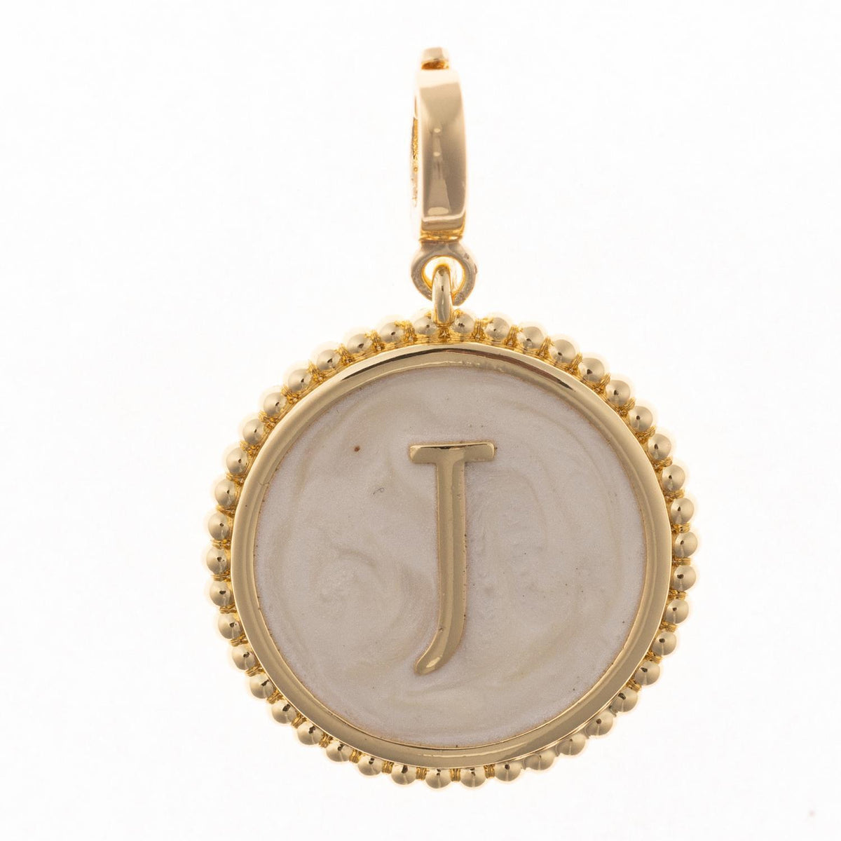 Circular initial charm in gold with faux mother-of-pearl inlay