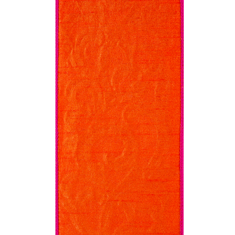4-inch wide fuchsia and orange ribbon with embroidered scroll pattern and wired edges.