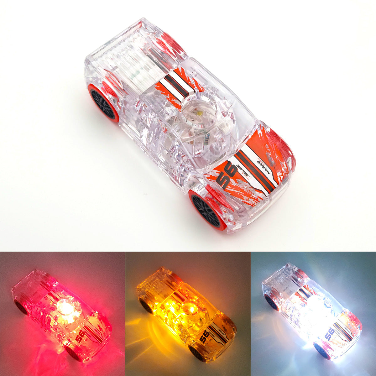 Clear toy car with red and white racing stripes, illuminated with red, yellow, and white lights.