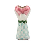 Hand-painted ceramic vase featuring Mackenzie Childs heart and hand pattern in soft pastel tones.