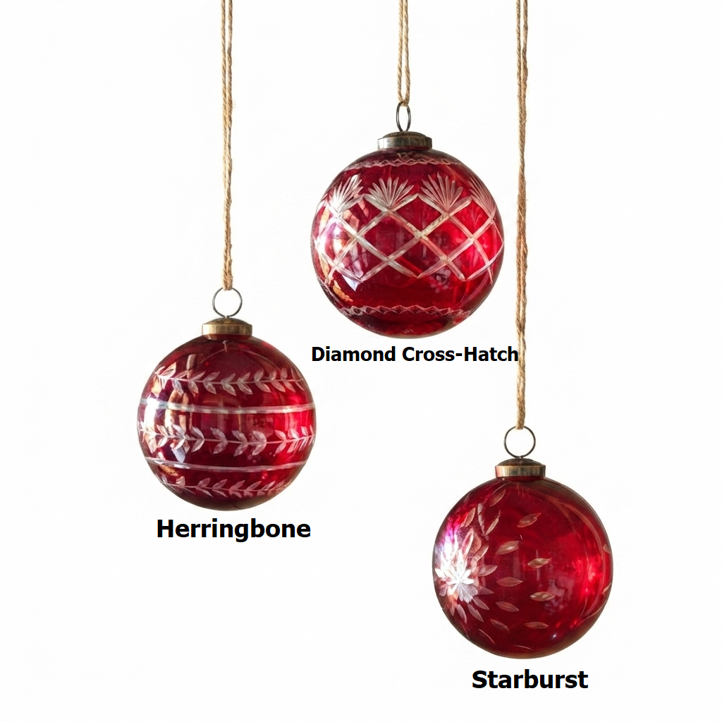 Three red etched glass 4-inch Christmas ball ornaments in Herringbone, Diamond, and Starburst.