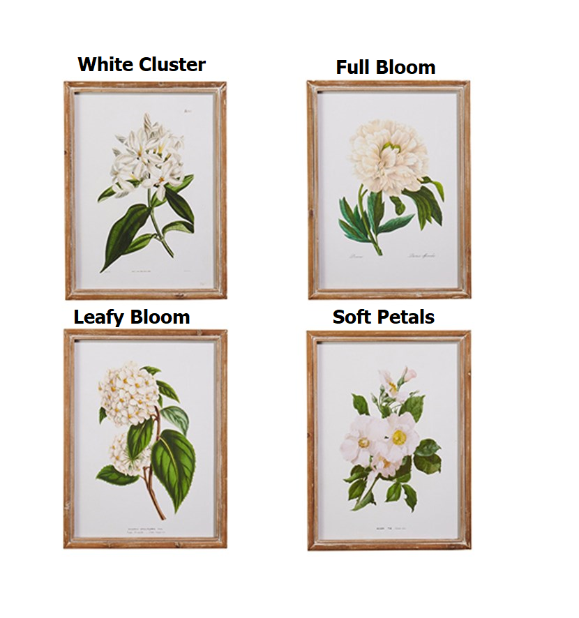 White floral framed wall art made of wood and glass with a botanical pattern.
