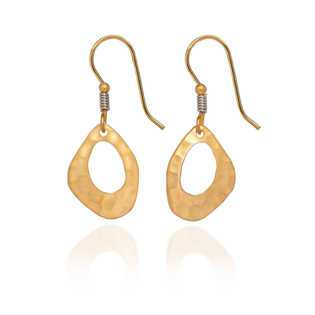 Open shape wire wrap earrings in raw brass with genuine semi-precious stones