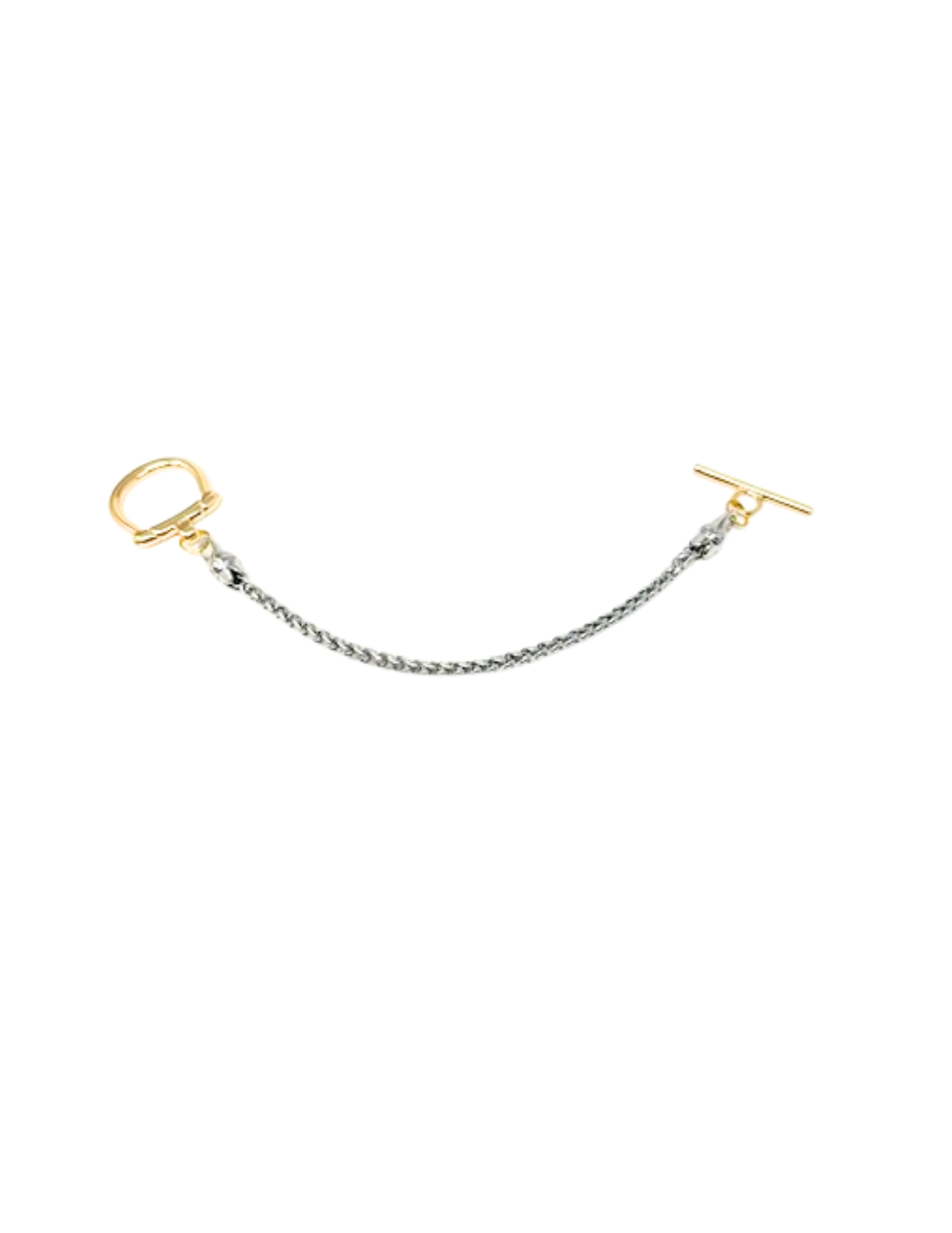 Mesh horsebit necklace with a silver-toned chain and gold-toned toggle and horsebit clasp.