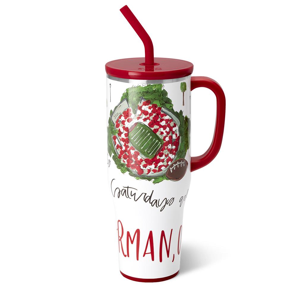 40oz Mega Mug in silver stainless steel with a comfort-grip handle, flexi-tip straw, and silicone base.