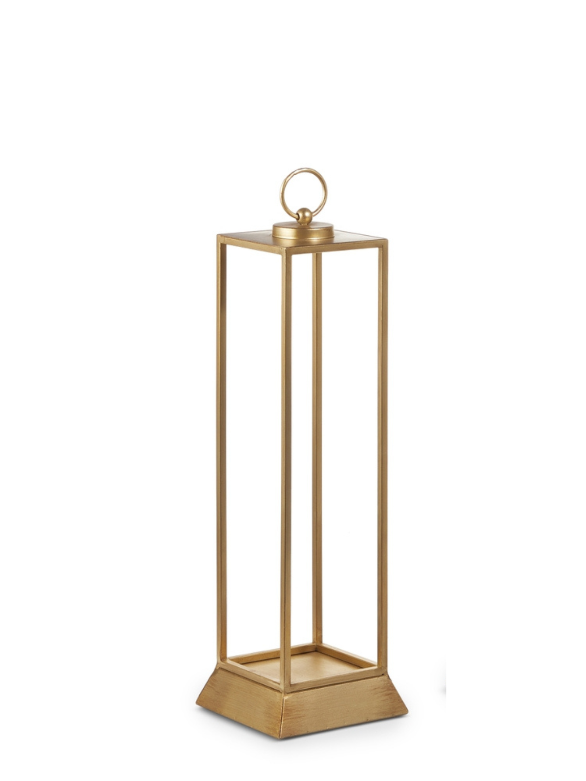 Tall, rectangular gold iron lantern with a ring handle and a tapered base.