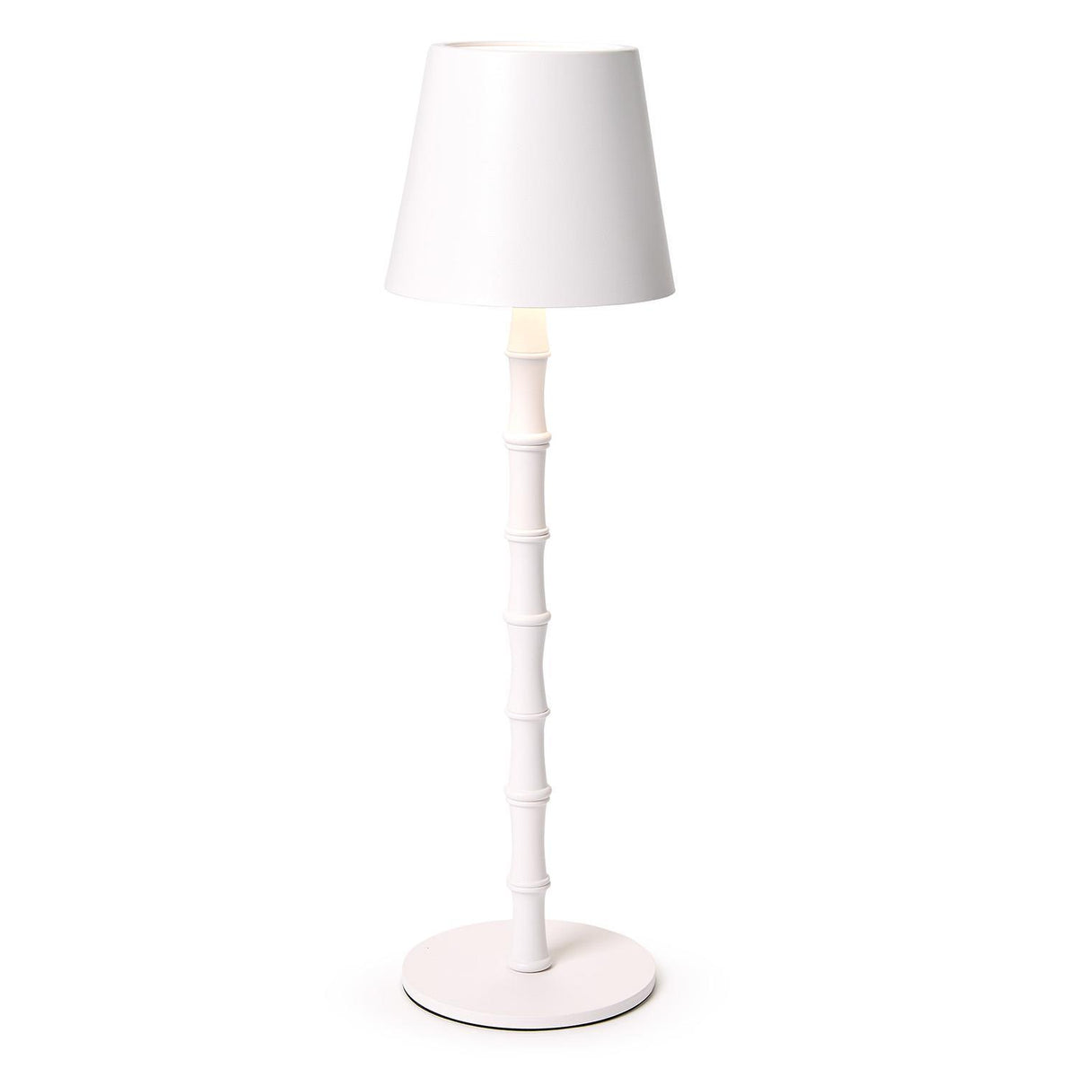 White cordless LED lamp with a bamboo-style pole and a classic tapered shade.