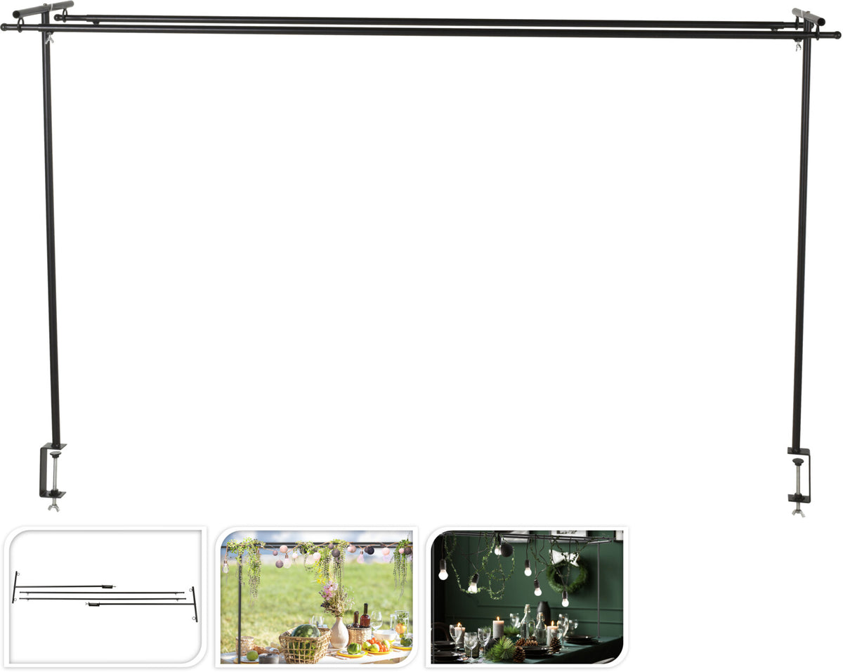 Adjustable black metal table clamp frame for hanging decorations, shown assembled and in use.