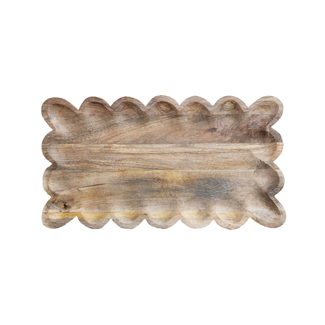 Natural mango wood serving tray with scalloped edge detail