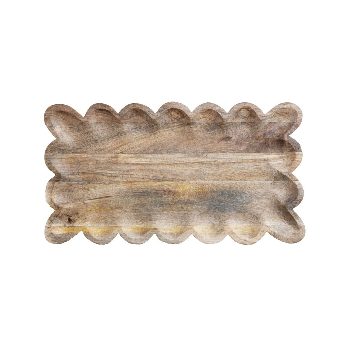 Natural mango wood serving tray with scalloped edge detail