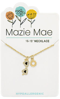 Gold Sun & Shades Dangle Necklace with heart-shaped sunglasses and sun charms on a display card.
