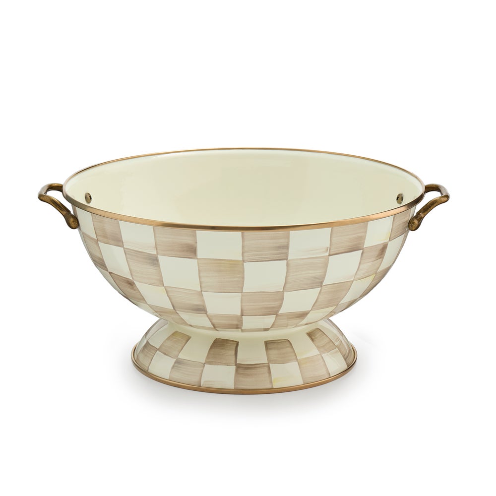 Mocha Check Everything Bowl with hand-painted checks, bronzed steel rim, and brass-finished handles.