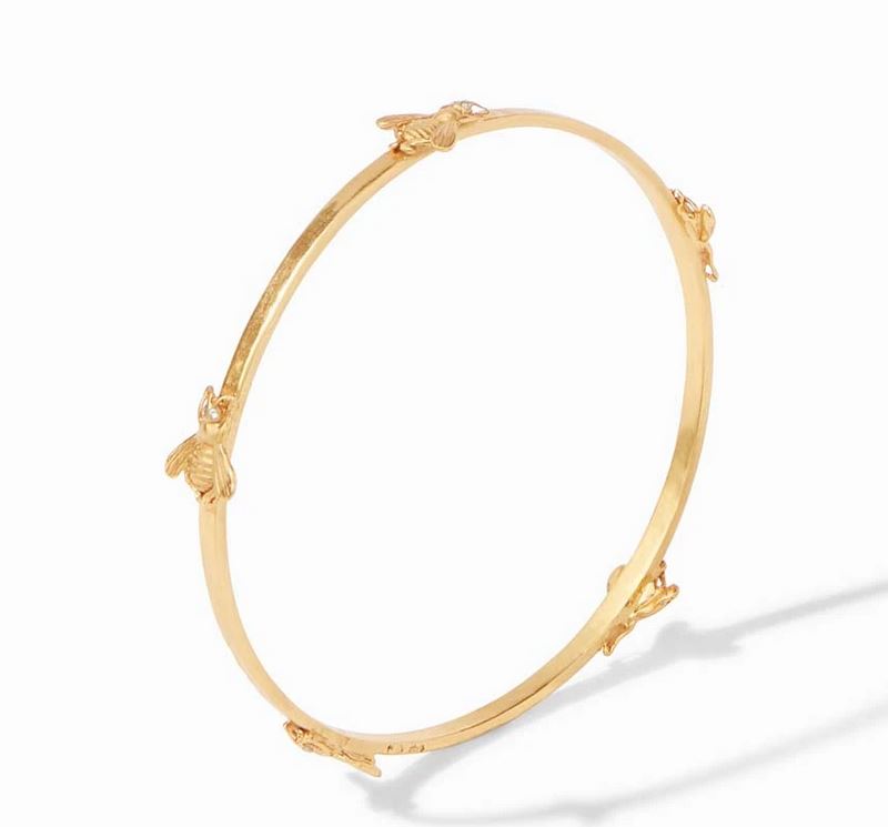 Medium gold-plated bangle with hammered texture featuring whimsical bee stations accented by sparkling CZ eyes.