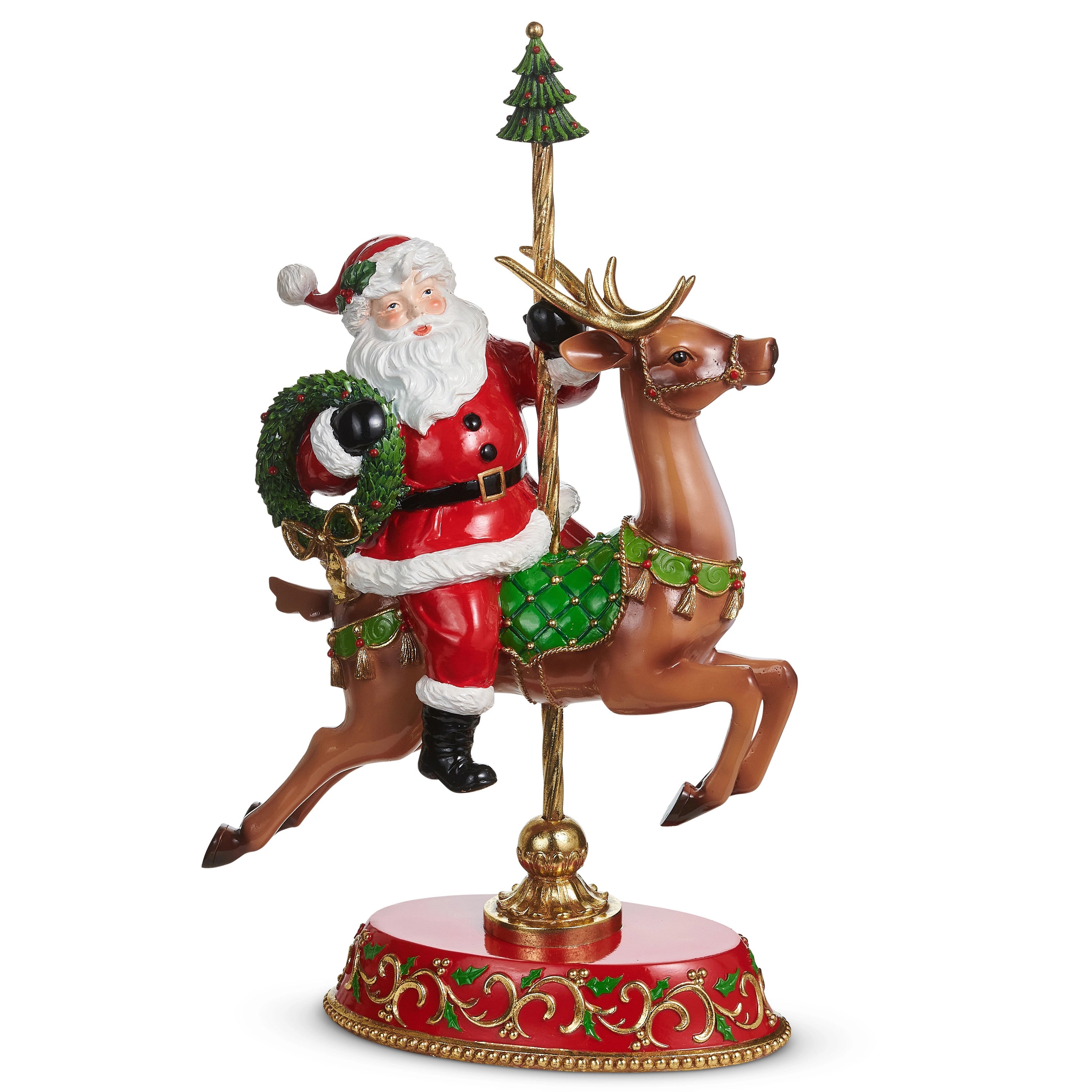 18.5-inch Santa Claus figurine riding a carousel reindeer with a wreath and gold pole.