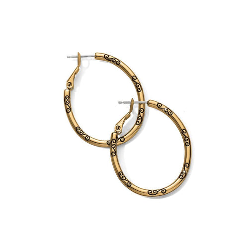 Gold plated oval hoop charm earrings with black scrollwork design.