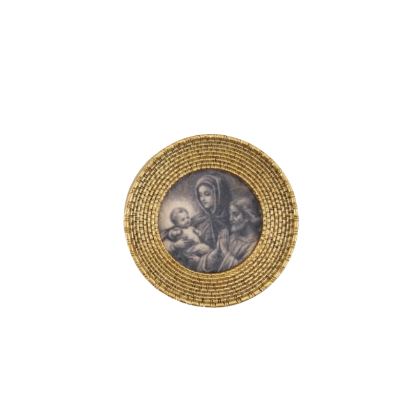 Mini gold-finished resin framed magnet featuring a vintage-style art print of the Holy Family.