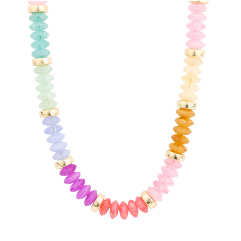 Jules Necklace featuring colorful pastel and vibrant beads separated by gold-toned spacers.
