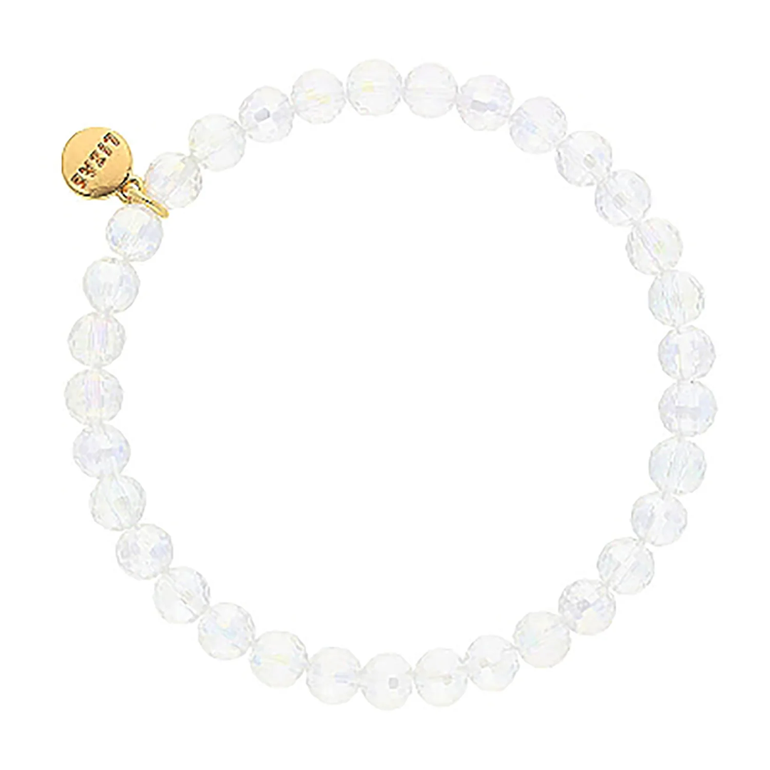 Lizas Quadro Big crystal stretch bracelet with iridescent clear beads and a gold logo charm.