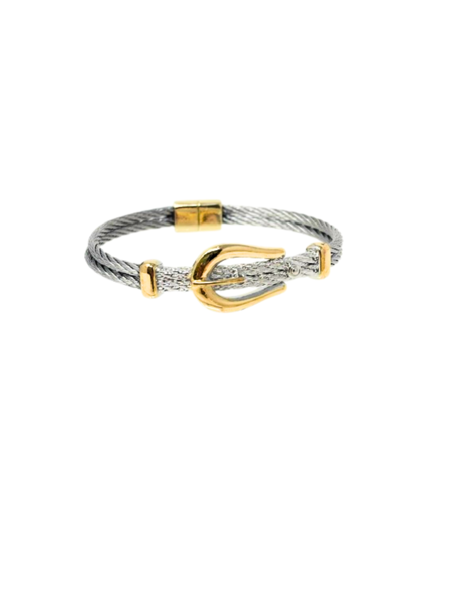 Two-tone silver rope bangle bracelet with gold buckle detail and magnetic clasp.