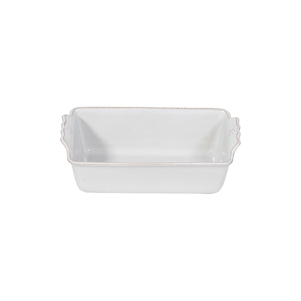 Whitewash ceramic Berry & Thread loaf pan with scalloped handles and a rope-textured rim.