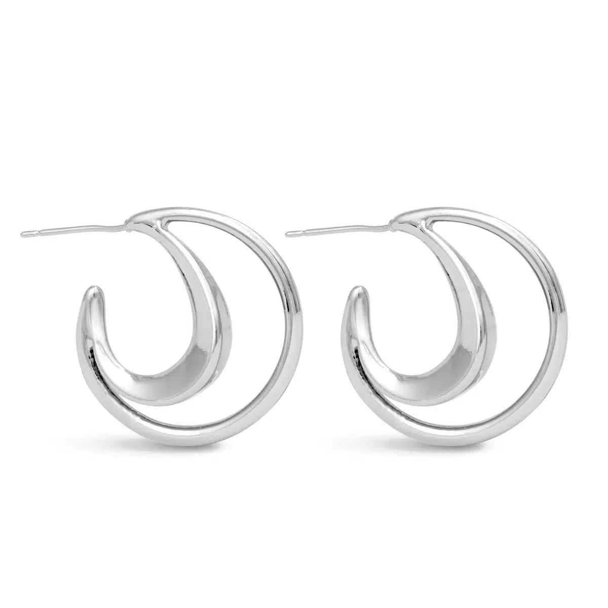 A pair of Summer Polished Double Hoop Silver Earrings featuring a sleek, layered crescent design.