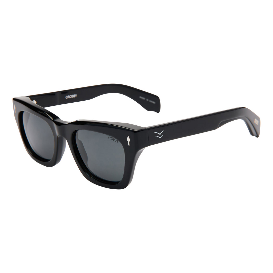 Crosby black acetate sunglasses with smoke polarized lenses and silver wing logo on the temple.
