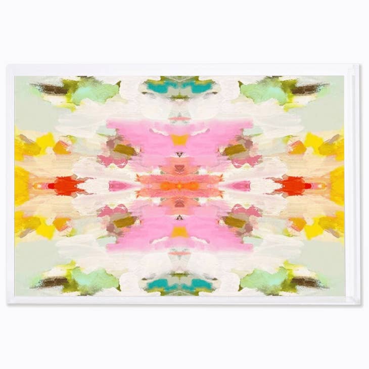 Giverny Small Tray featuring a colorful, symmetrical abstract painting in pink, yellow, and green.