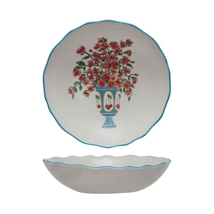 Textured  Stoneware Salad Bowl with Flowers in Vase & Colored Rim