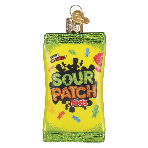 Glass Sour Patch Kids candy bag Christmas ornament with green glitter accents and gold heart tag.