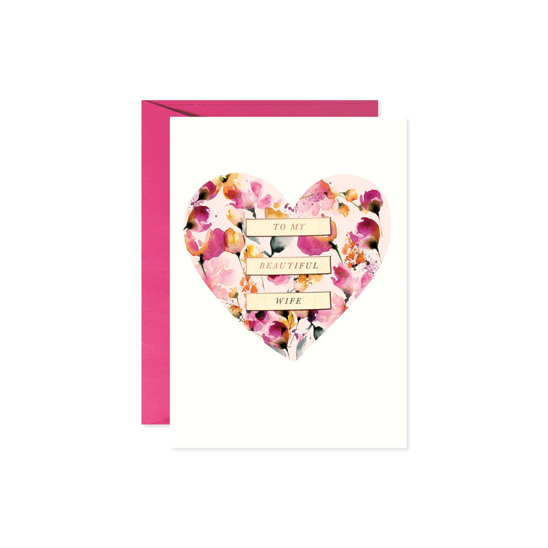 Floral heart birthday card featuring a pink floral wreath surrounding the text 'Happy Birthday Wife' on white paper.