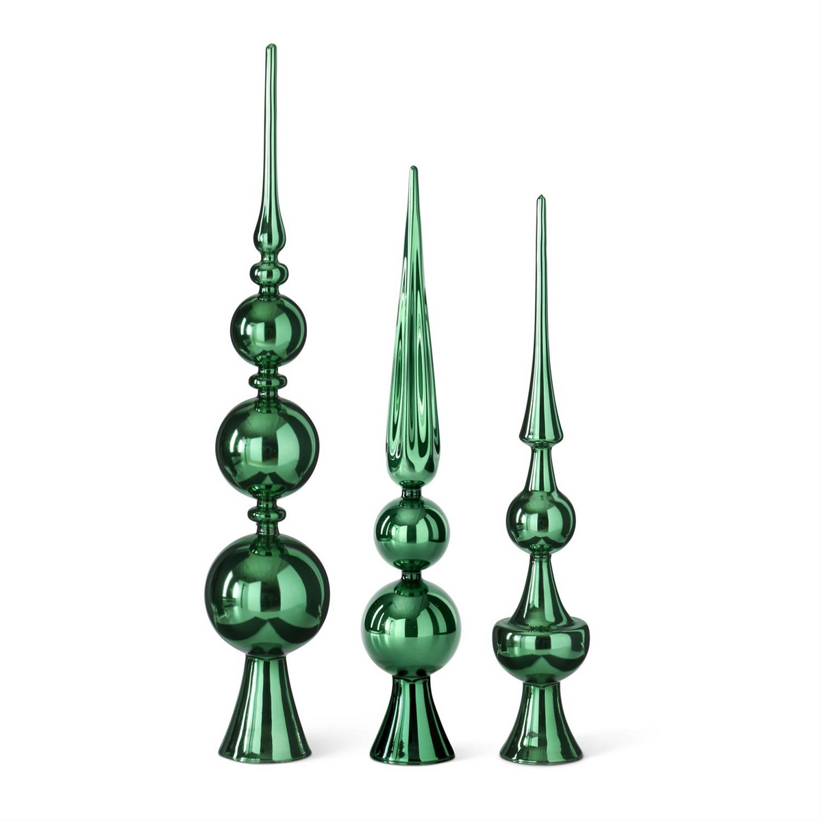 Three assorted green glass finial tree toppers with reflective metallic finishes in varied shapes.