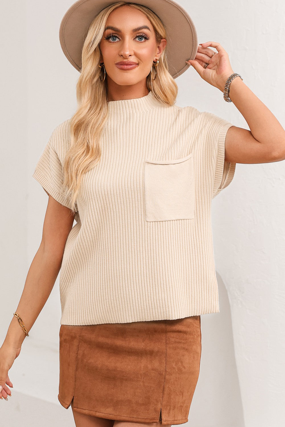 Melissa Patch Pocket Ribbed Knit Short Sleeve Sweater