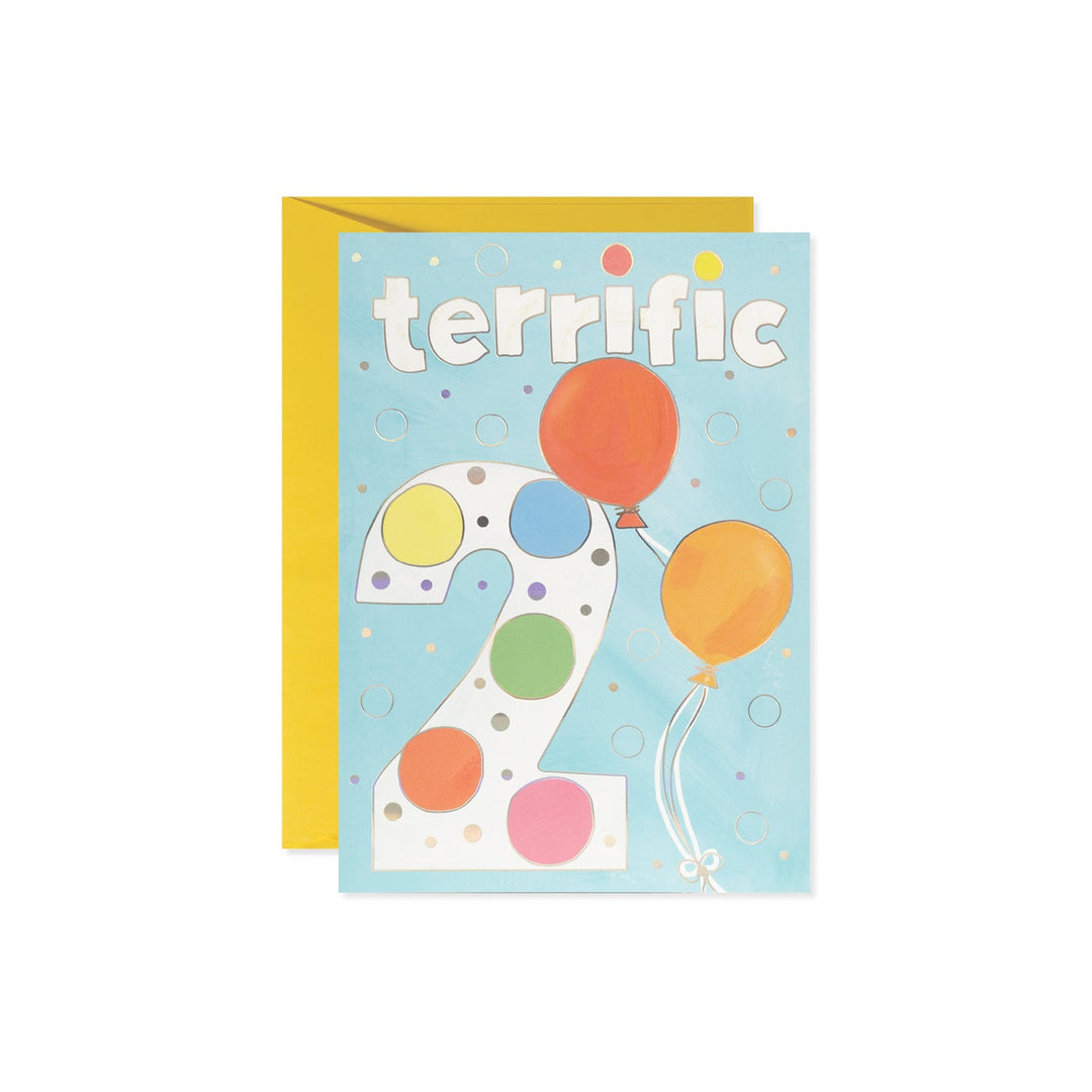 A "Terrific 2" birthday card with a blue background, featuring a large number 2 with colorful polka dots and two balloons.
