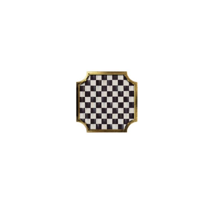 Square black and white checkered trinket tray with gold leaf gallery edges.