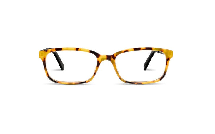 Memphis rectangular glasses with a yellow and brown tortoiseshell frame and black temples.