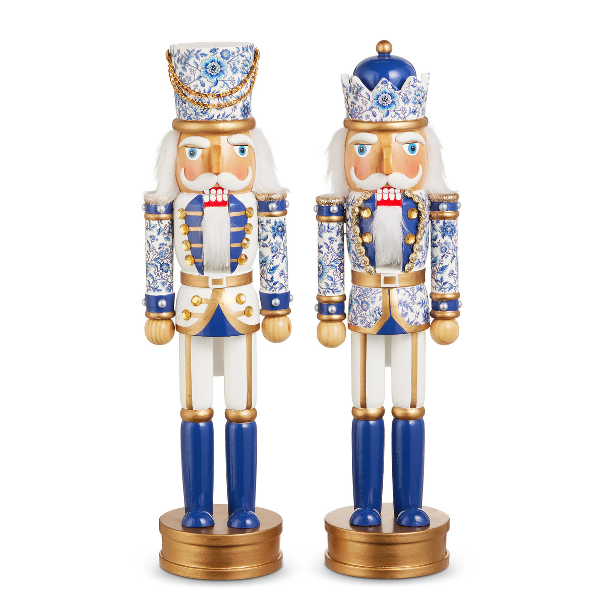 Two 14.75-inch wooden nutcrackers with blue and white chinoiserie floral patterns and gold accents.