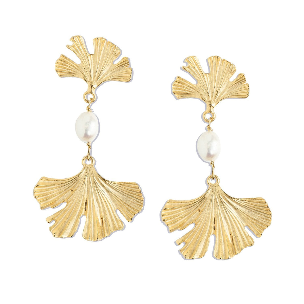 Gold ginkgo leaf earrings featuring a genuine freshwater pearl drop.