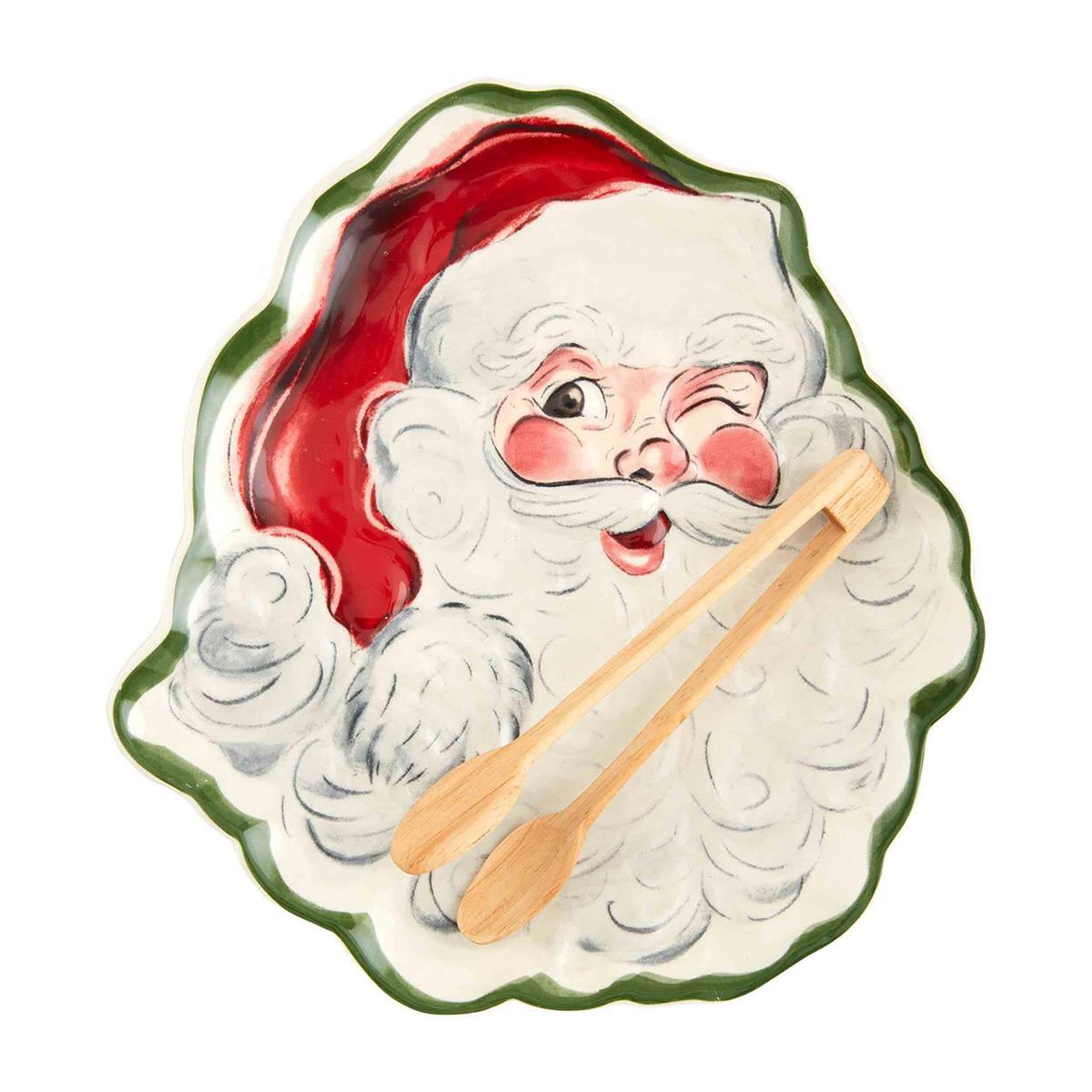 Vintage stoneware Santa plate with matching serving tongs
