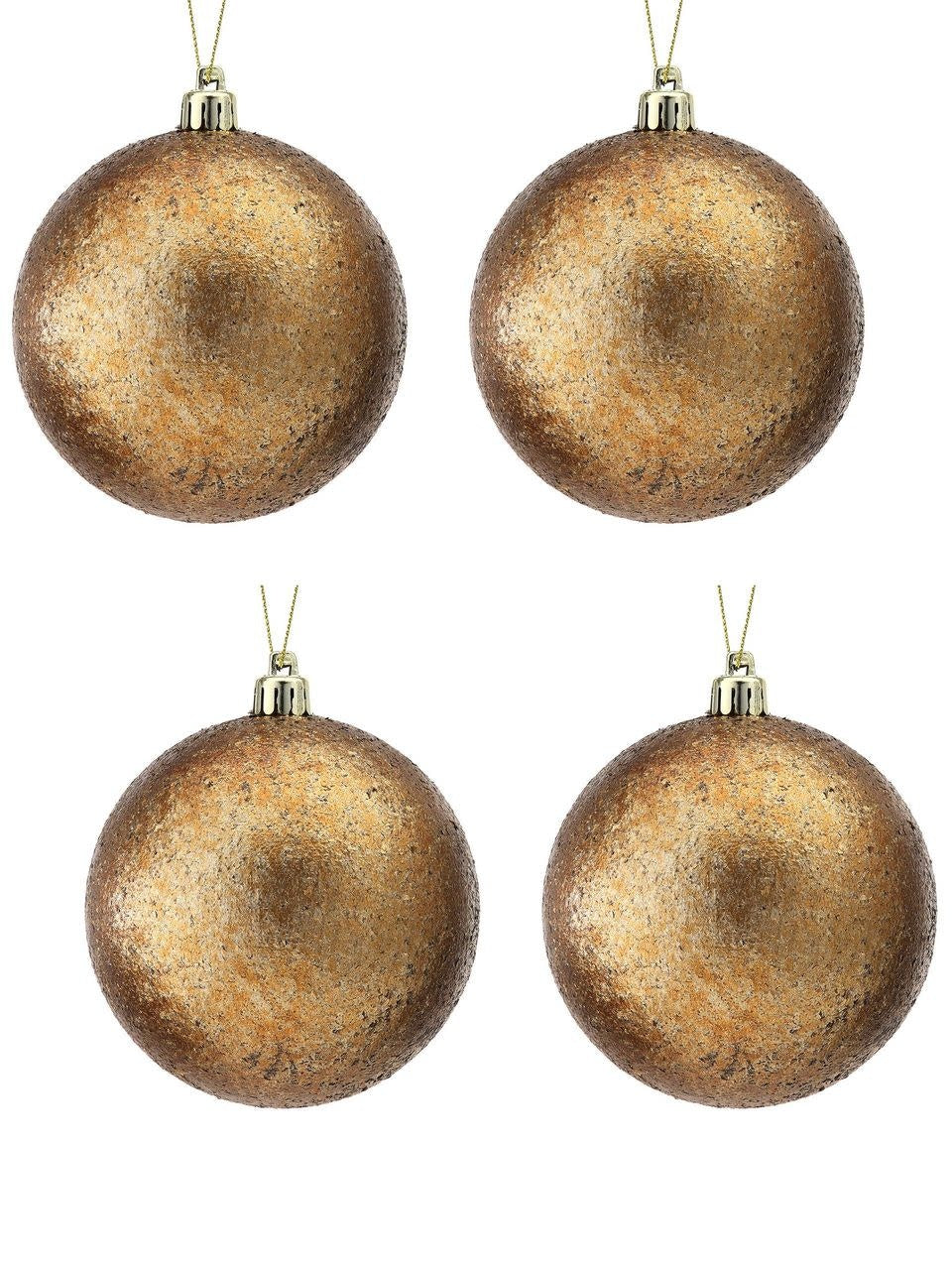 Clear ornament with speckled gold paint, glitter trim, jewels, and intricate gold design.