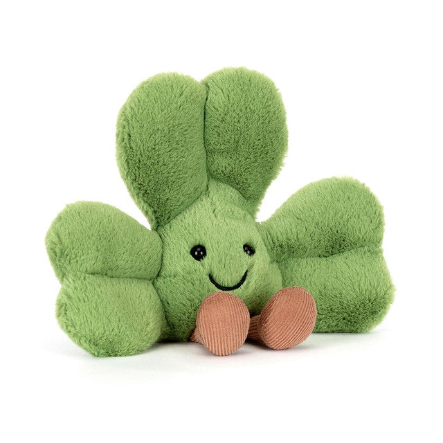 Amuseables Siofra Shamrock plush toy with green polyester fabric shamrock pattern and hard eye.