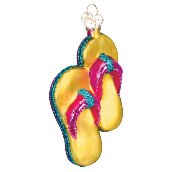 Yellow glass flip-flop ornament with silver interior and colorful lacquer glitters