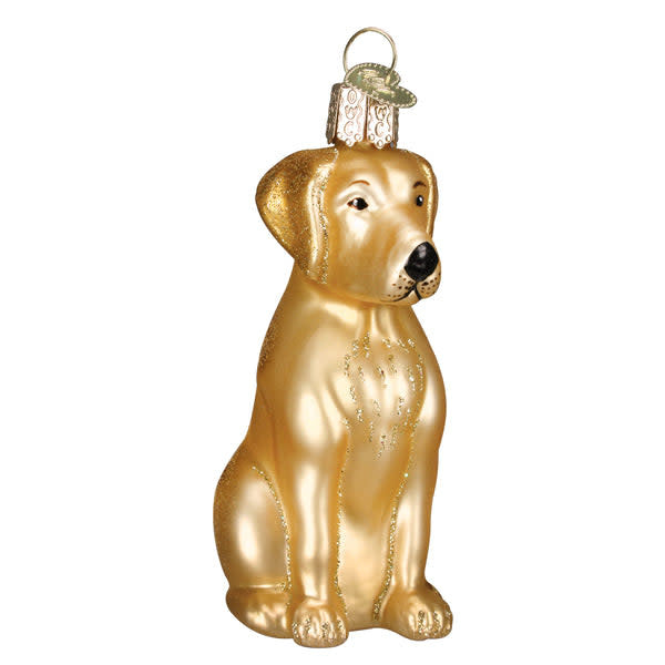 Yellow Labrador dog ornament with a glossy finish standing in profile.