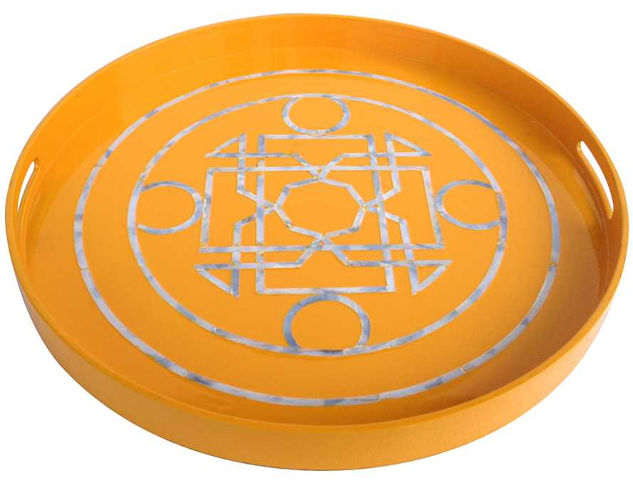 Yellow lacquered wooden tray with mother-of-pearl inlay