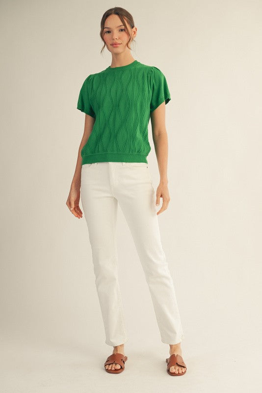 Miranda Wave lightweight sweater top in viscose blend with a wavy patterned knit and relaxed silhouette.